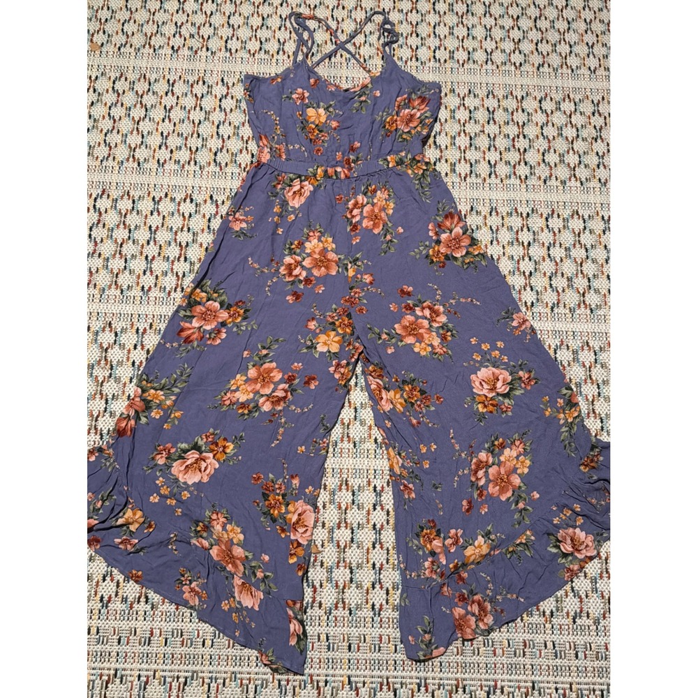 American Eagle Floral Cropped Wide Leg Jumpsuit Blue Orange Medium Strappy Back
